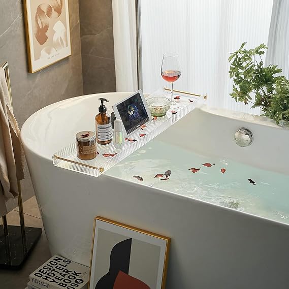 Bathtub Caddy Tray for Luxury Bathroom Bath tub Table Caddy Tray Shelf for Shower with Gold Handles fits All bathtubs