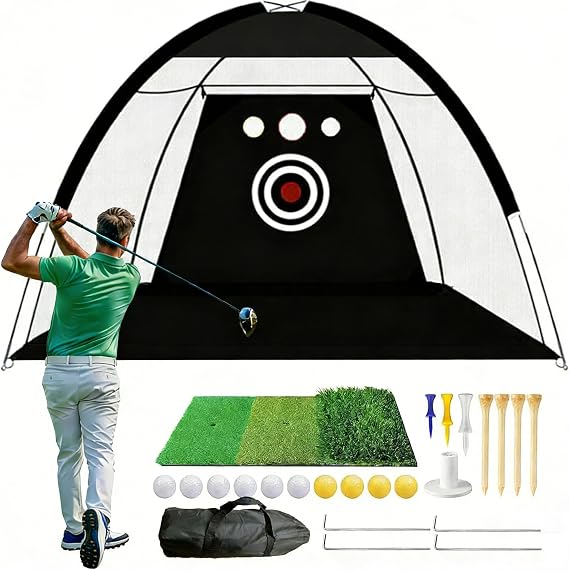 Golf practice net 10x7 feet, suitable for garden, indoor and outdoor backyard practice hitting net, with 10 practice balls, three-turf hitting mat, multi-target training auxiliary net accessories