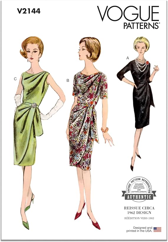 Vogue V2144Y5 Misses' Vintage 1962 Draped Dresses and Belt Sewing Pattern Packet, Design Code V2144, Sizes 18-20-22-24-26