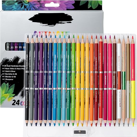 Dual Head Colored Pencils Set, 24 Colors + 5 Extra Pencils | Dual Hardness Drawing & Sketching Pencils| Metallic & Neon Colors, Blender & Burnisher | Art Supplies for Coloring Books (24 Pcs)