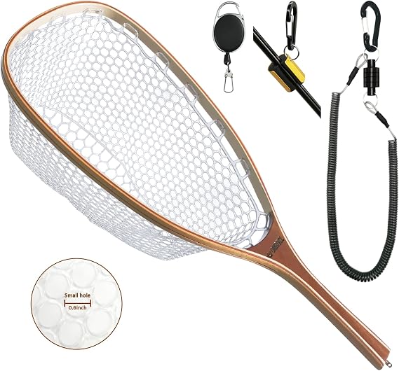 ONROCL Fly Fishing Net Trout Net with Magnetic Release and Rod Holder Wooden Frame Landing Net with Soft Rubber Mesh for Catch and Release (Clear Small Holes)
