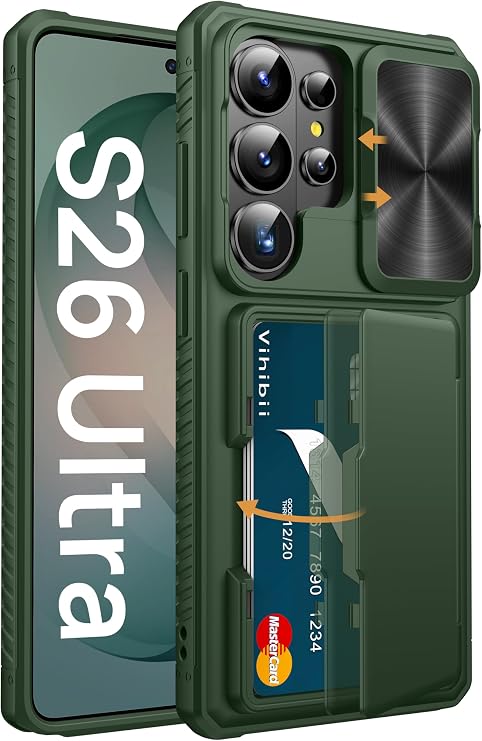 Vihibii for Samsung Galaxy S26 Ultra Wallet Case, Built-in Card Holder (4 Cards) [RFID Blocking] & Slide Lens Cover, Military Grade Drop Protection, Phone Case for Samsung Galaxy S26 Ultra 2026, Green