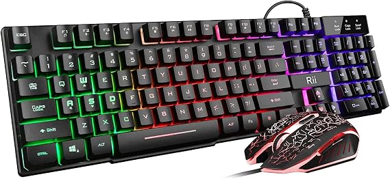Rii Gaming Keyboard and Mouse Set, Multiple Color Rainbow LED Backlit | Multimedia PC Office Keyboard Colorful Breathing Backlit Gaming Mouse for Working or Primer Gaming,Office Device