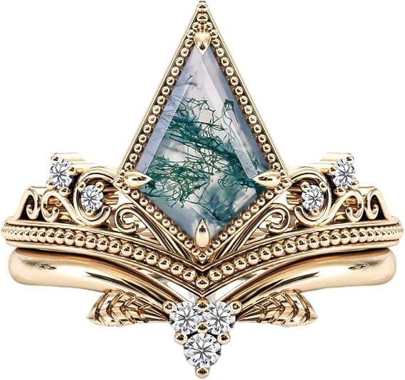 Natural Moss Agate Rings Set for Women Yellow Gold Plated Sterling Silver Kite Cut Moss Agate Engagement Ring Wedding Solitaire Ring for Women Wife Bridal Set Size 7