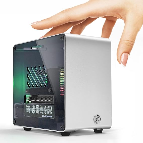 ElectroCookie Raspberry Pi 5 Case, Aluminum Mini-Tower Case with Fan and Color-Changing Ambient Light (Silver)