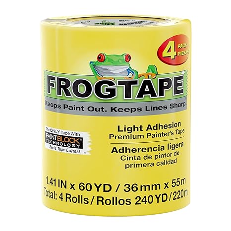 FrogTape Delicate Surface Painters Tape with PAINTBLOCK, 1.5 in Wide (1.41 in x 60 yd), Low Adhesion, Painting Tape Ideal for Freshly Painted Walls, Trim & Surfaces, Yellow, 4 Rolls (240662)