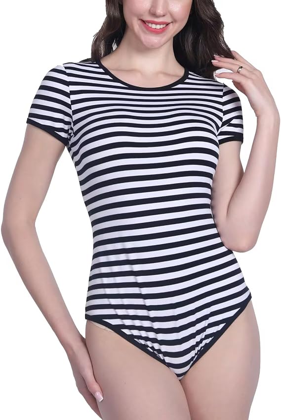 Landofgenie Women's Striped Bodysuit Short Sleeve Pajama - Stripe Girl