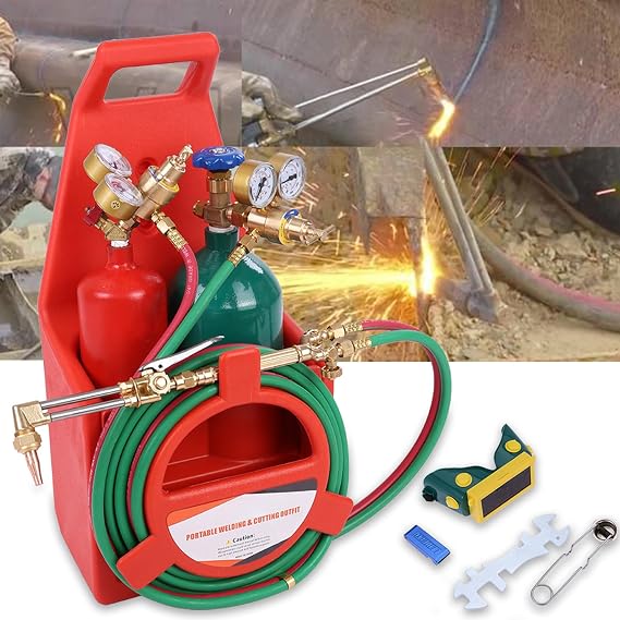 Welding Brazing Cutting Torch Kit, Long Pipe Brass Nozzle Oxyacetylene Torch Kit with Gauge And Oxygen Acetylene Tank, Professional Portable Welding Torch Kit (With Gas Cylinder)