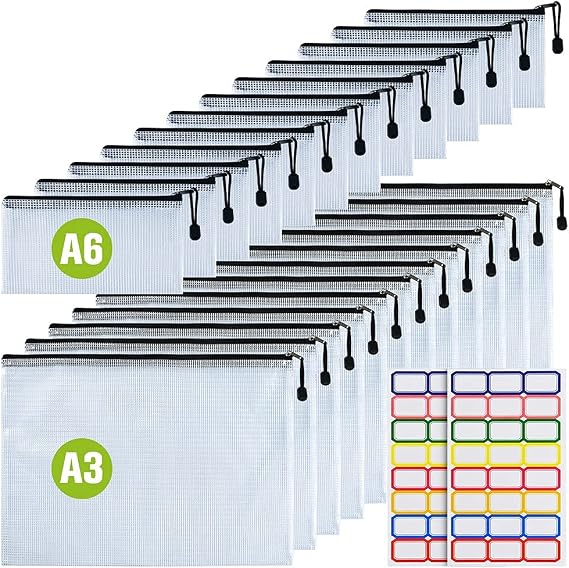 A3/A6 SizePlastic Mesh Zip File Bags, Waterproof Tear-Resistant Document File Folders,Zipper Documents Pouch Document Organizer Bags for School Office Home Travel Storage