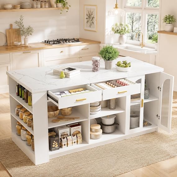 HUATOL 71" Large Imitation Marble Dining Table with Storage, Kitchen Island with Power Outlet & LED Lights, Stationary Island Cabinet for Home Kitchen Living Room.