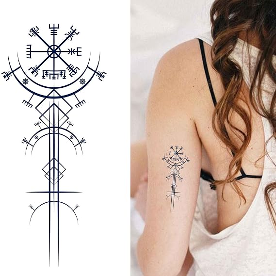 Juicetattoo Lasting 1-2 Weeks Thor Tattoo Juice Ink Temporary Semi Permanent for Adults Woman Ancient Viking Vegvisir Navigation Compass Navy Blue that Look Real Men Women Chest Neck Arm (4 Sheets)