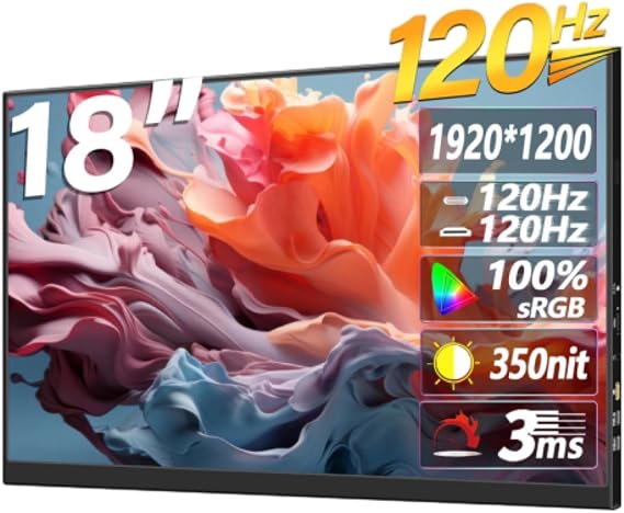 Portable Laptop Monitor, 18" HD, Built-in Dual Speakers, for Computer Game Display, Mobile Phone PS Console 120Hz
