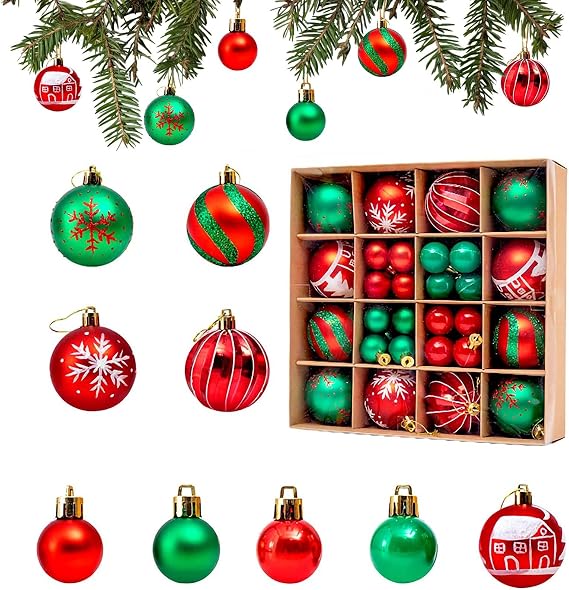 44 CT Christmas Ball Ornaments, 2.36 Inch Christmas Ornament Balls 1.38" Christmas Tree Ornaments, Shatterproof Christmas Balls Decoration, Xmas Hanging Ball for Holiday Party Décor, Red Green