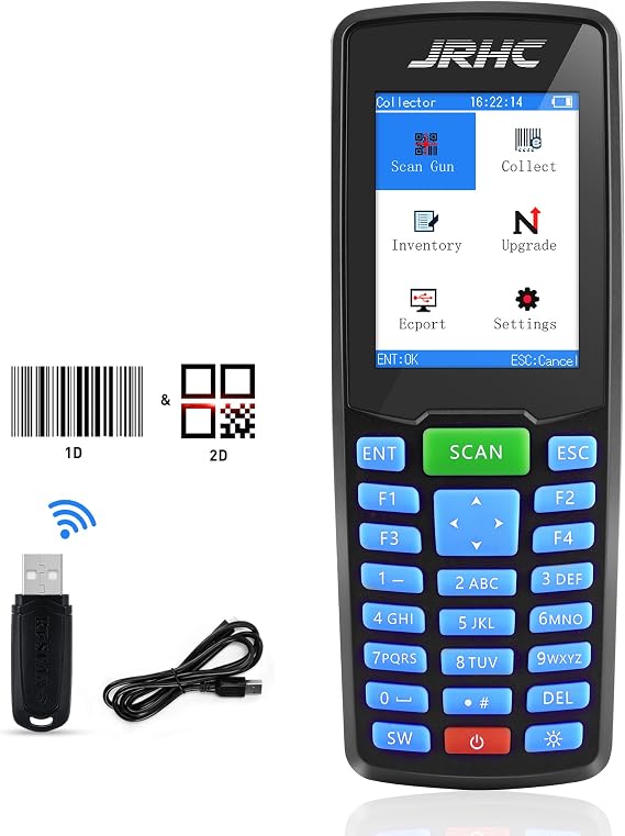 1D 2D Barcode Scanner Wireless, JRHC Portable Inventory Scanner & PDA Data Collector PDT Inventory Device with Long Transmission Distance Wireless Bar Code Reader with 2.8" LCD Screen