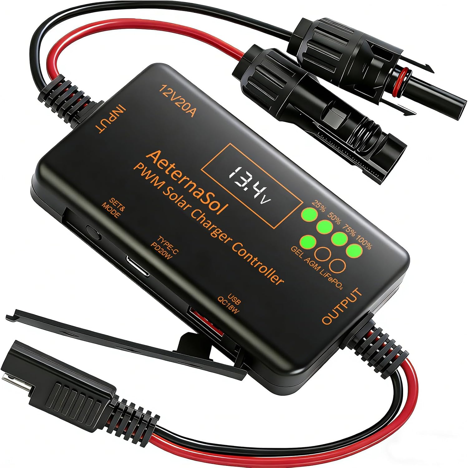 PWM Solar Charge Controller 12V 20A Solar Panel with LCD Display Charge Controller for Gel AGM Lithium LiFePO4 Batteries Charge Controllers Compatible with type-c and USB（12v/20A）