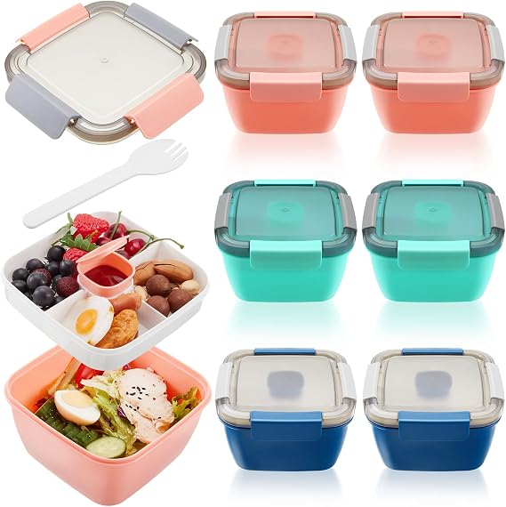 Tessco for you 6 Pcs 50 oz Salad Lunch Container for adult,Pink,Blue,Green | Reusable Bento Box with 3 Compartment, Stackable Salad Bowls for Office, Microwave Dishwasher Safe