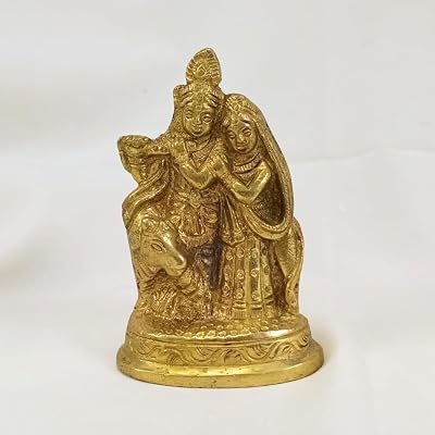 Radha Krishna Idol 3.5 inch Brass Hindu God Statue for Home Temple & Office Decor Traditional Mural Sculpture Spiritual Gift for Housewarming, Pooja Room, Mandir & Meditation Space