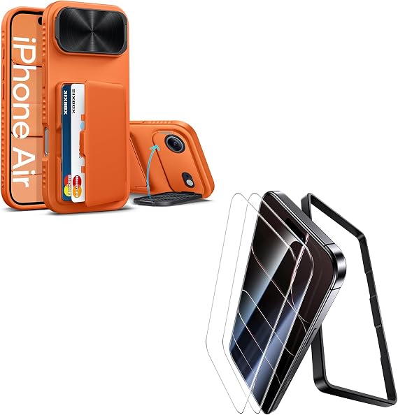 for iPhone Air Case with Card Holder & 2 Pack Screen Protector, [Military Grade Shatterproof & 9H Hardness] for iPhone Air 6.5", Orange