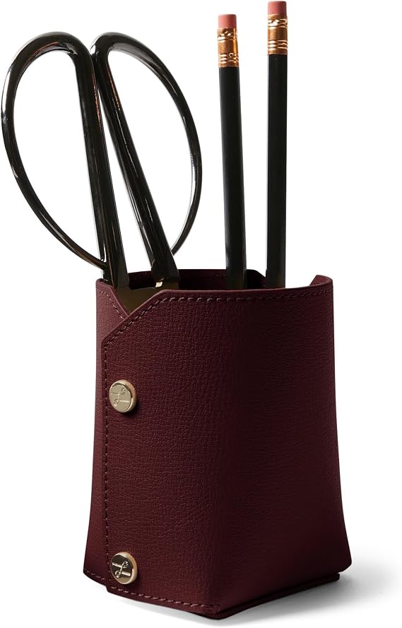 Leatherology Modern Pencil Cup - Portable - Leather - Oxblood | Full Grain Leather Desk Organizer with Snap Construction, Lays Flat for Travel, Minimalist Design with Suede Interior