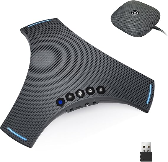 Conference Speaker and Microphone - Bluetooth Speakerphone with Daisy Chain, 360° Omnidirectional Voice Pickup, Echo & Noise Cancellation, Support USB, Wireless Dongle, for Meeting Room, VoIP Call