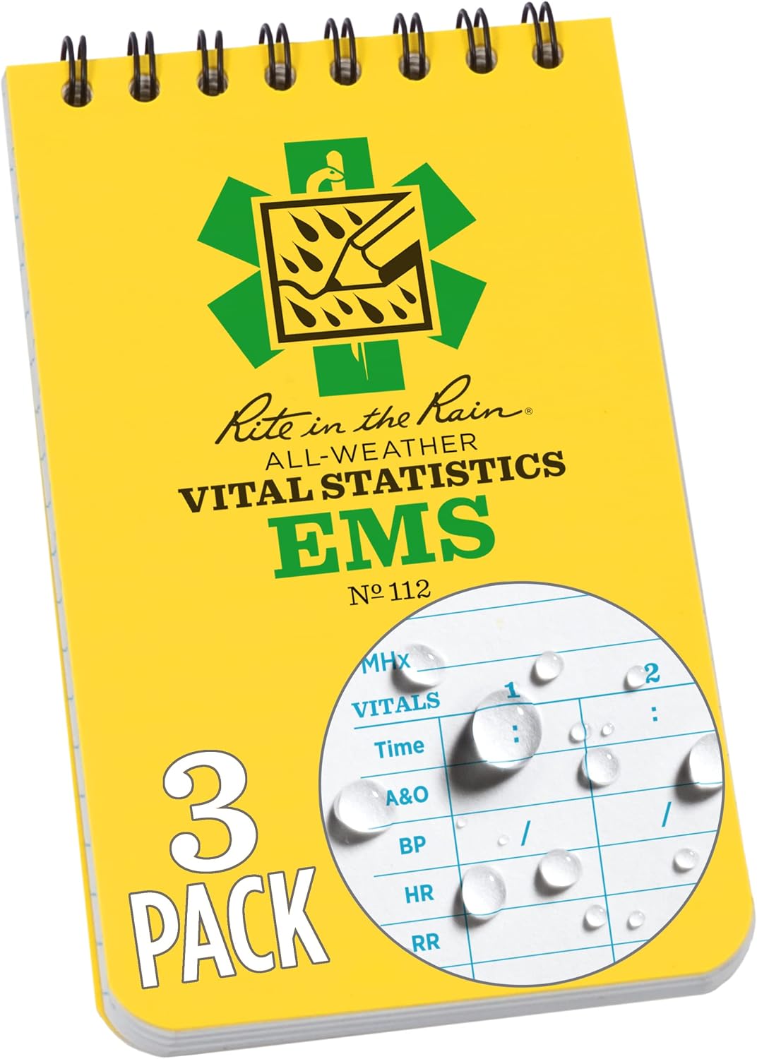 Rite in the Rain Weatherproof EMS Notebook, 3 x 5, Yellow Cover, Vital Stats Pages, 3 Pack No. 112-3