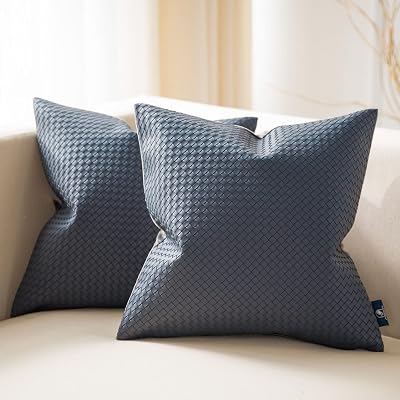 Phantoscope Pack of 2 Faux Leather Pillow Covers - Woven Leather Throw Pillows - Modern Outdoor Farmhouse Decorative Pillowcases Couch Pillows, Dark Grey 18x18 Inches