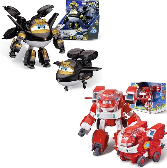Super Wings Bundle Set, 7 Inch Jett's Super Mecha Transforming Robot + Dark Golden Boy 2 in 1 Mode Airplane Transforming Figure, Transformable Plane Robot Action Figures, Gifts for Boys Girls Kids Age