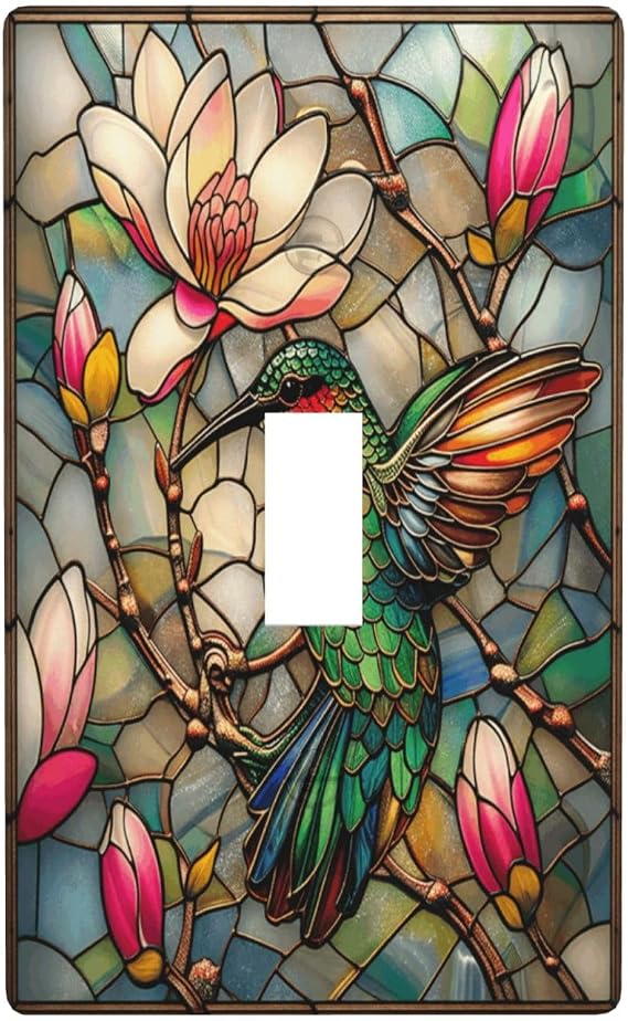 3d Stained Flower Green Hummingbird Pattern Single Toggle Wall Plate Switch Decorative Panel Electrical Socket Plate Suitable For Bathroom Kitchen Living Room Bedroom