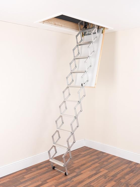 ALUFIX 9-Tread Concertina Loft Ladders - Ideal for Tiny attic Spaces | Easy DIY Fit | Aluminium | Floor to Ceiling 2.19m-2.46m (7.2ft-8.1ft)