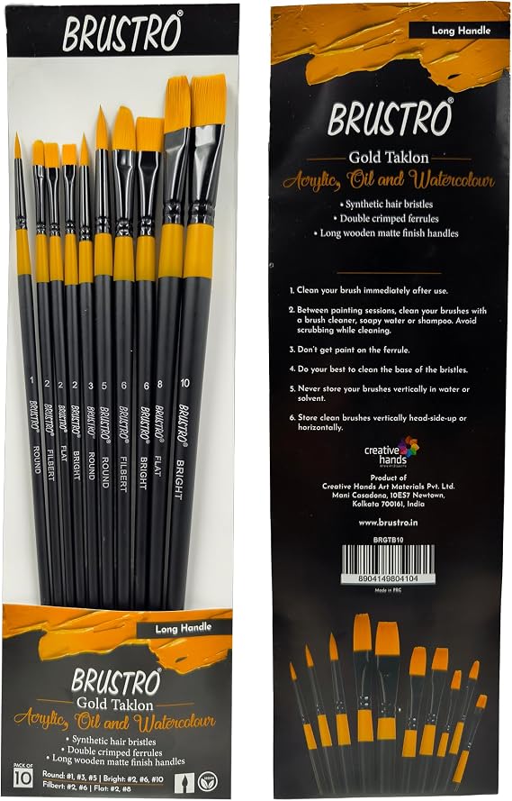 BRUSTRO Artists Gold Taklon Set Of 10 Brushes For Acrylics, Oil And Watercolour. Gold Taklon Set of 10