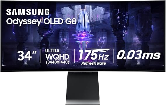 Samsung 34' Odyssey G85SB Series QD-OLED Ultra WQHD Curved Gaming Monitor, 175Hz, 0.03ms, DisplayHDR True Black 400, AMD FreeSync Premium Pro, Advanced Game Streaming, LS34BG850SNXZA