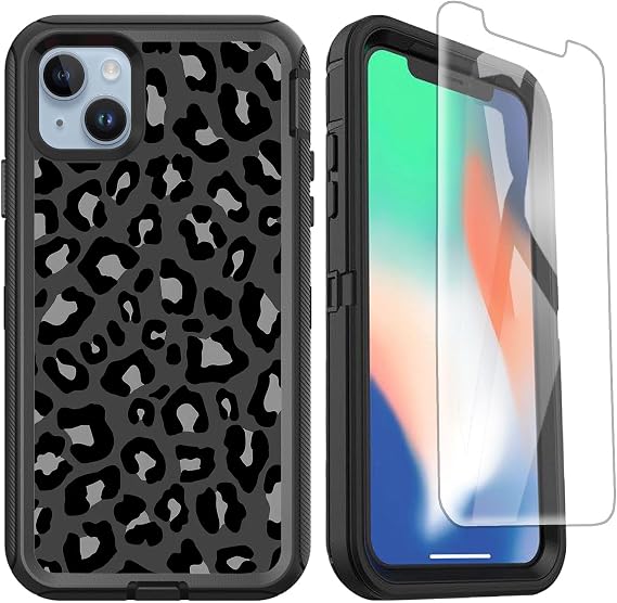 Compatible for iPhone 14 13 Case with Screen Protector, Cute Black Gray Leopard Print Cheetah Full Body Heavy Duty Phone Case for Women Shockproof 3-Layer Protective Cover 6.1inch