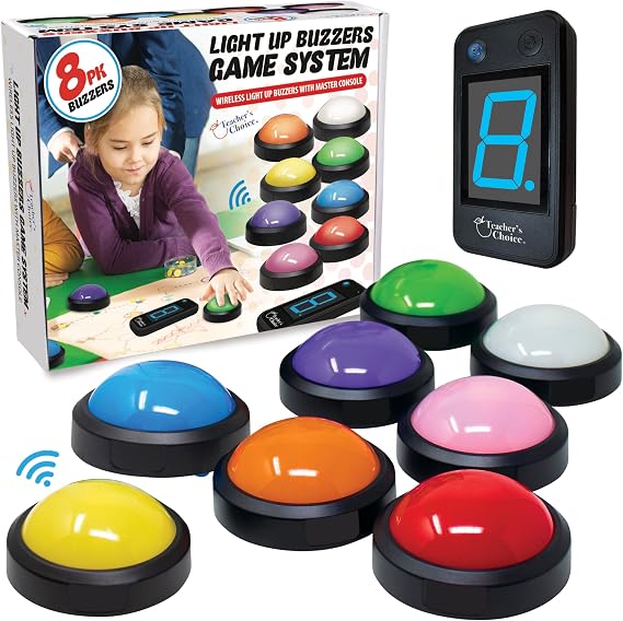 Teacher's Choice Wireless Light Up 8 Player Game Buzzer Button System | Displays the Winning Player | Loud, Unique Sounds Great for Trivia Games, Family Feud, Jeopardy, Competition, Spelling Bees