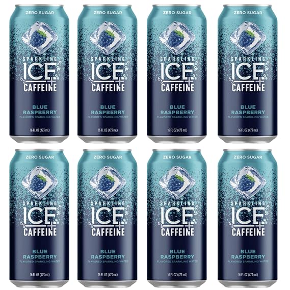 Water, Sparkling + Caffeine Blue Raspberry, with Antioxidants and Vitamins, Zero Sugar, 16 Fl Oz (Pack of 8)