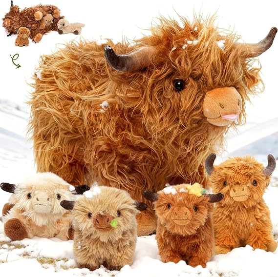 OUOZZZ Highland Cow Cuddly Toy Cow with 4 Babies in Belly Pack of 5 Soft washable 36 cm set with zip interactive plush animal mum ideal as a gift for children.