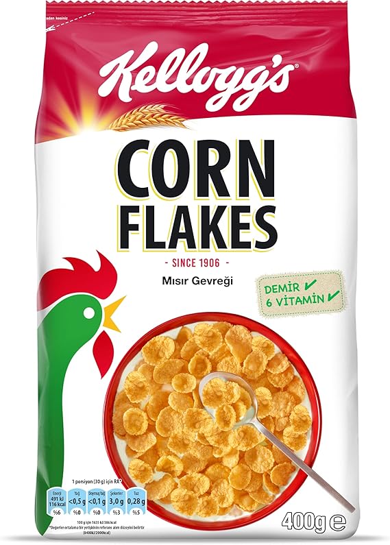 Kellogg's Corn Flakes Crispy Gold Breakfast Corn Flakes 400 Gr, Fiber Source, Contains Iron and 6 Vitamins, Contains Folic Acid