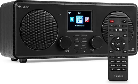 Audizio Foza Internet Radio WiFi DAB Radio with Bluetooth Remote Control 50 Watt FM AUX in USB MP3 Headphone Connection DAB Plus Radio Kitchen Radio Dual Alarm Sleep Timer - Black