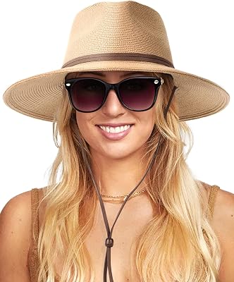 FURTALK Womens Sun Hat Summer Straw Beach Hats UPF 80 Wide Brim Panama Fedora Hats with Wind Lanyard