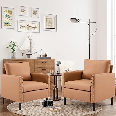 Sepnine Modern Accent Chairs Set of 2, Mid-Century Faux Leather Armchairs for Living Room, Comfy Upholstered Reading Club Chairs for Bedroom, Single Sofa Chairs with Decorative Rivet Accents Brown