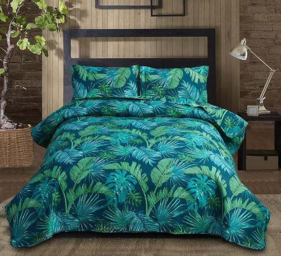 Tropical Green Palm Tree Leaf Print Bedspread Set - Queen Size Reversible Quilts with Pillow Shams