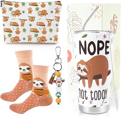 Keluna Sloth Gifts for Women Girls - 4Pcs Sloth Gifts Set 20oz Stainless Steel Tumbler with Lids Straw Cute Animal Makeup Bags Socks Keychain for SlothLovers Friends Birthday Christmas Presents