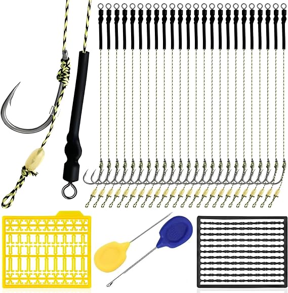YOTO Carp Fishing Hair Rigs - 24 Pcs High Carbon Steel Curved Barbed Hooks with Swivels and Boilies