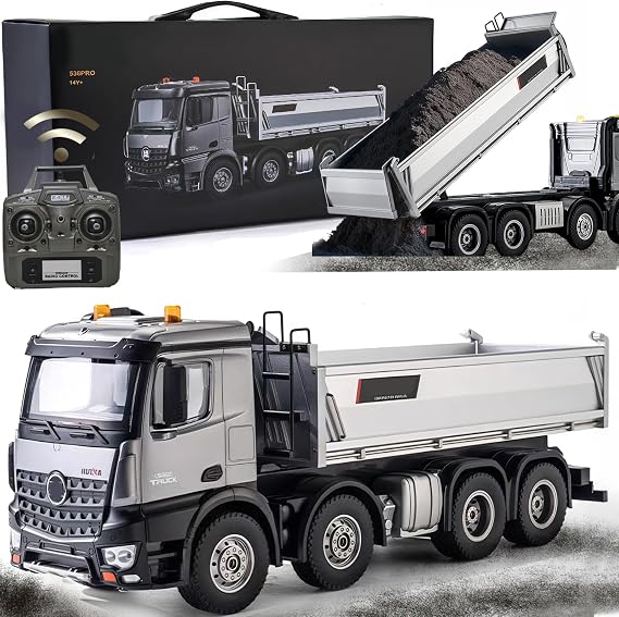 21-Inch Alloy Upgraded Version Remote Control Dump Truck 13-Channels 1/14 Scale 13 LBS Load Capacity RC Heavy Duty Metal Construction Vehicles Toy for 14Y+ (8-Wheels)