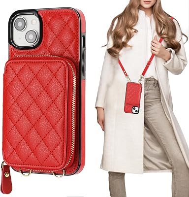 Bocasal Crossbody Wallet Case for iPhone 15 Plus, RFID Blocking PU Leather Zipper Handbag Purse Flip Cover, Kickstand Folio Case with Card Slots Holder Wrist Strap Lanyard 5G 6.7 Inch Red