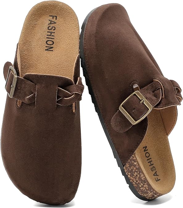 Suede Clogs Women Men Cork Footbed Adjustable Buckle Arch Support Mules