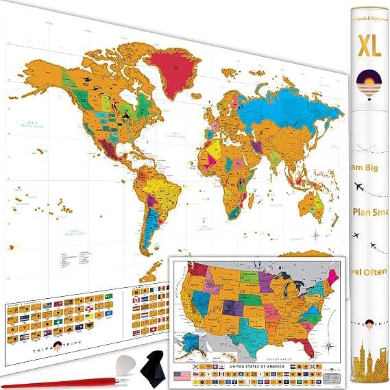 XL Scratch Off World Map with 233 Flags 36 x 24 Scratch Off Map of The World + USA Scratch Map Easy to Frame World Map + Tools Detailed White Travel Wall Poster - Deluxe Gift for Travelers