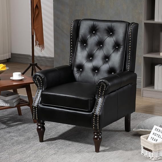 Mid Century Accent Chair, PU Leather Upholstered Arm Chair, High WingBack, Retro Wood Legs, Comfy Singel Sofa Chair for Living Room, Bedroom, Reading Room, Office, Black