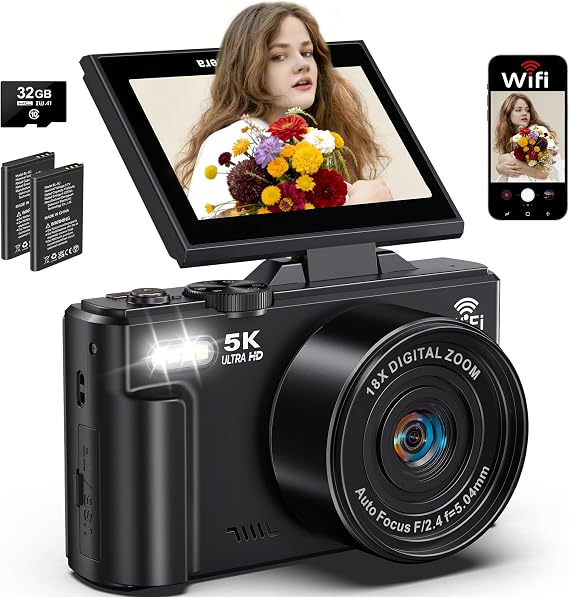 5K Digital Camera for Photography, 75MP WiFi Vlogging Camera for YouTube with 3" 180 Flip Screen, 18X Zoom UHD Autofocus Video Camara with 32GB SD Card, 2 Batteries