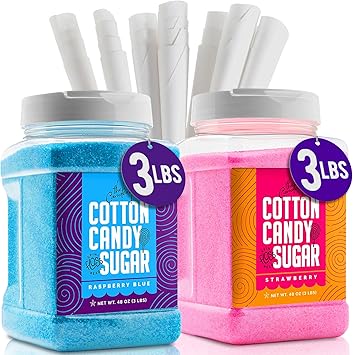 The Candery Cotton Candy Floss Sugar 2-Pack Includes 100 Premium Cones | Raspberry Blue and Strawberry | Plastic, Reusable Jars | Easy Pour Spout or Scoop | Includes Scooper | 3 LBS Jars