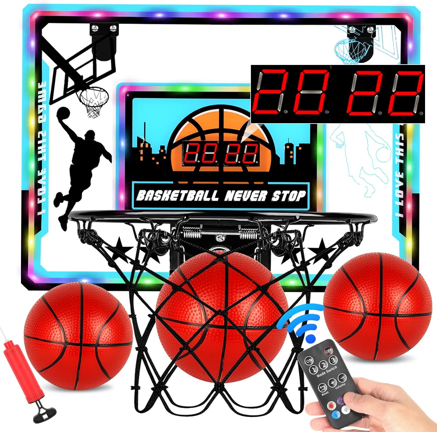 Mini Basketball Hoop Indoor Over-The-Door with LED Lights, Electronic Scoreboard & Cheering Sounds & Remote Control - Interactive Basketball Set Toys for Boys & Kids Ages 6-12 | Easter & Birthday Gift